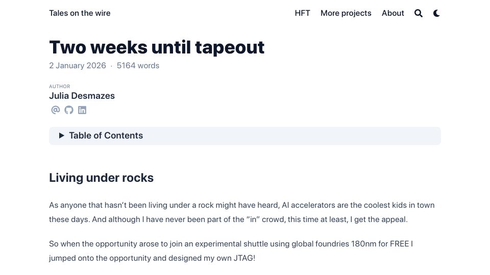 Screenshot of essenceia.github.io: Two Weeks Until Tapeout