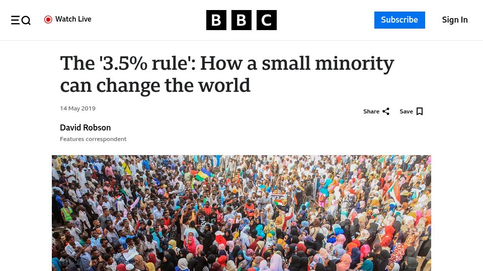 Screenshot of bbc.com: The '3.5% rule': How a small minority can change the world (2019)