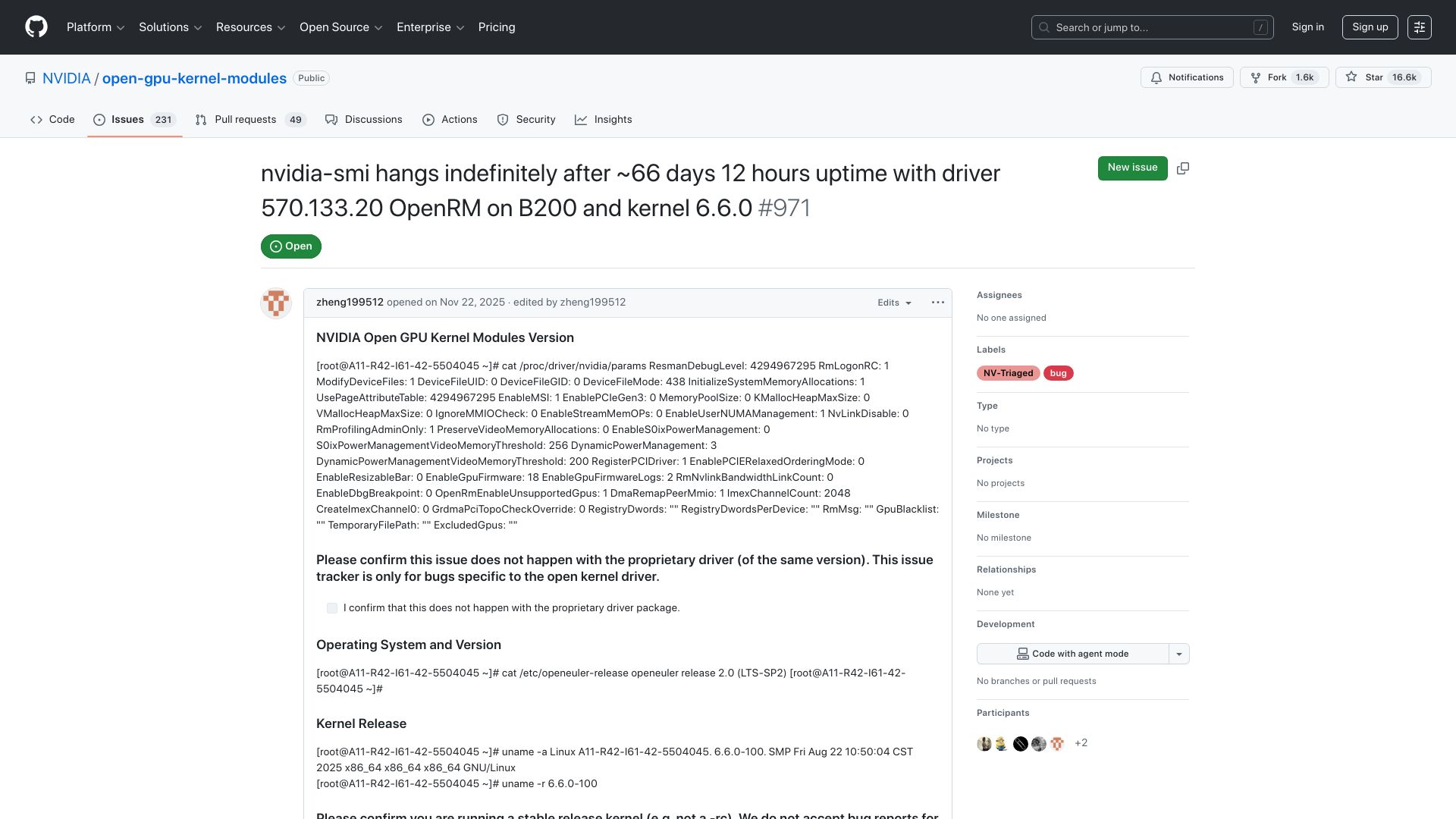 Screenshot of github.com: Nvidia-smi hangs indefinitely after ~66 days