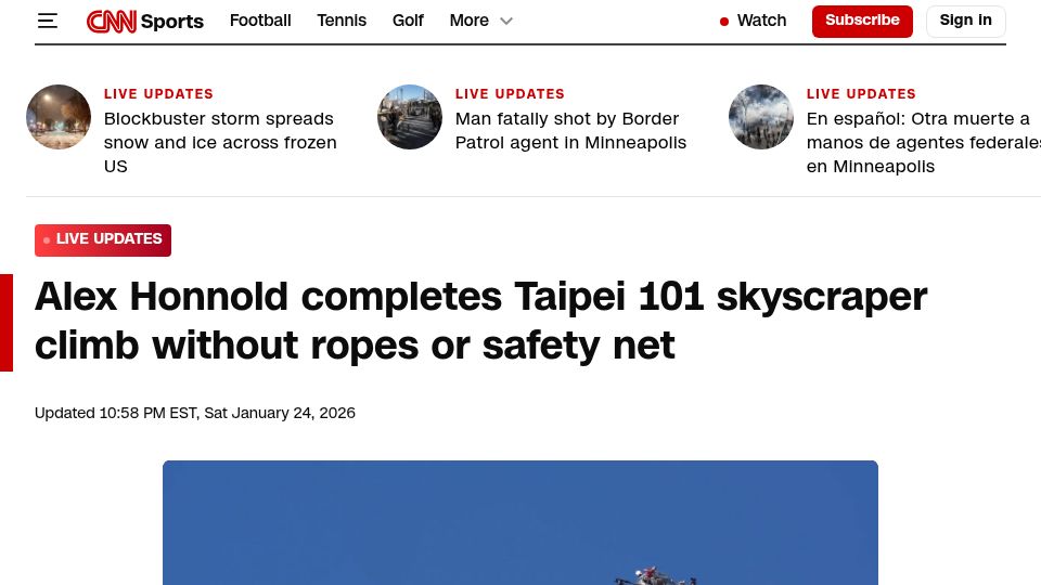 Screenshot of cnn.com: Alex Honnold completes Taipei 101 skyscraper climb without ropes or safety net