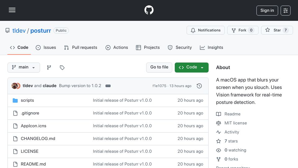 Screenshot of github.com: A macOS app that blurs your screen when you slouch