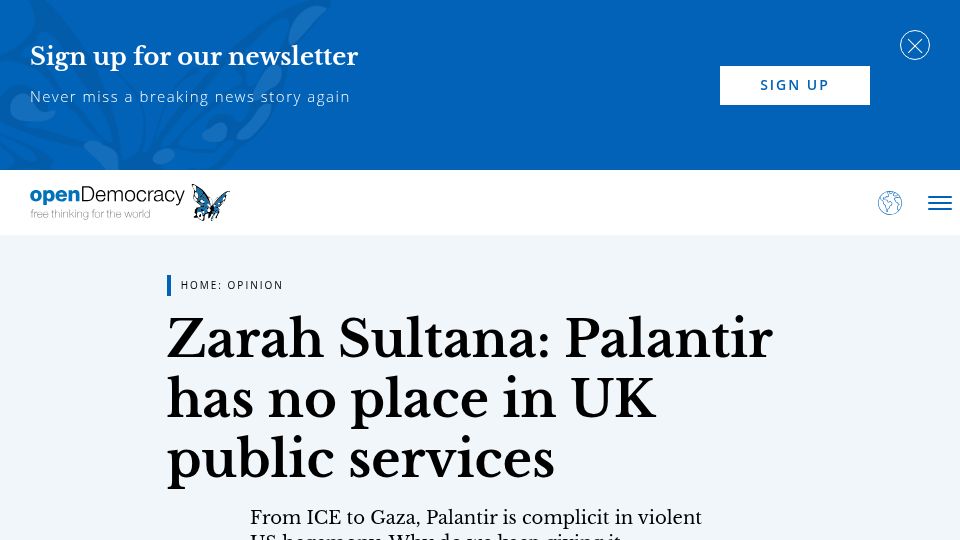 Screenshot of opendemocracy.net: Palantir has no place in UK public services