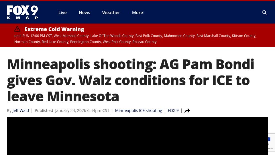 Screenshot of fox9.com: Minneapolis shooting: AG Pam Bondi gives Gov. Walz conditions for ICE to leave