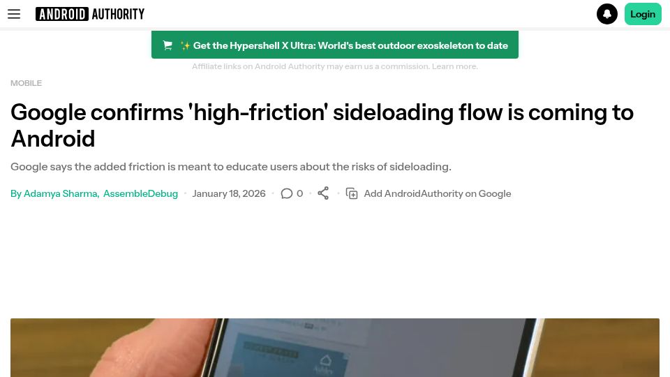 Screenshot of androidauthority.com: Google confirms 'high-friction' sideloading flow is coming to Android