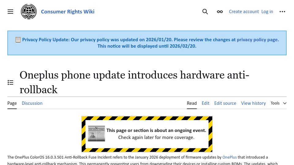 Screenshot of consumerrights.wiki: Oneplus phone update introduces hardware anti-rollback