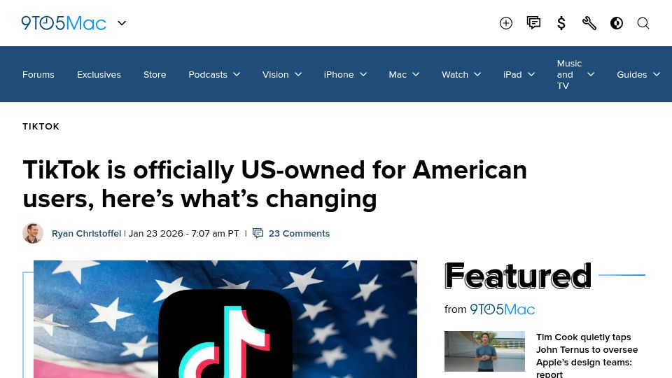 Screenshot of 9to5mac.com: TikTok is officially US-owned for American users, here's what's changing