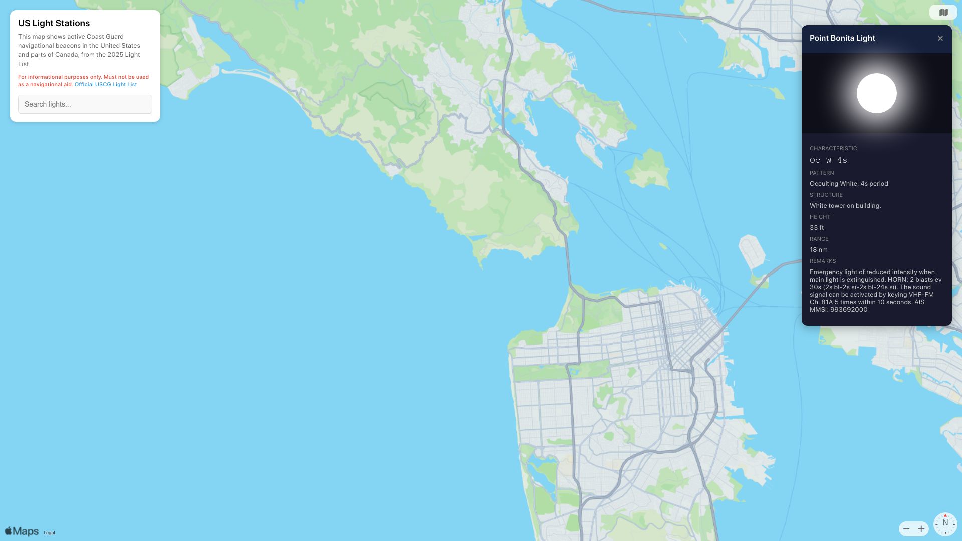 Screenshot of lighthouses.app: Show HN: An interactive map of US lighthouses and navigational aids