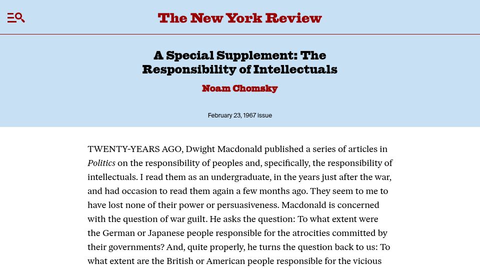 Screenshot of nybooks.com: The Responsibility of Intellectuals (1967)
