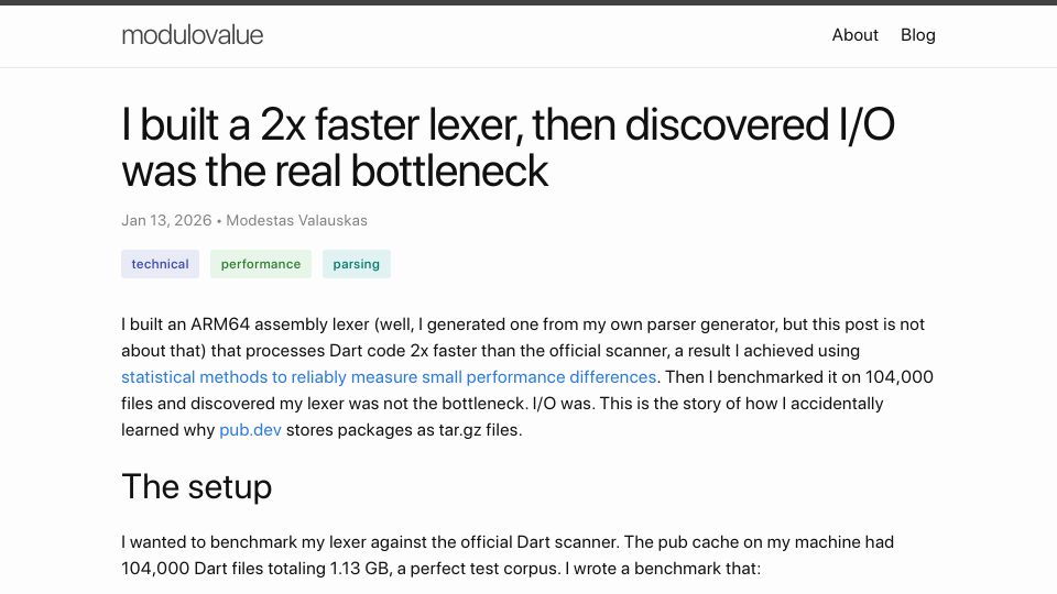 Screenshot of modulovalue.com: I built a 2x faster lexer, then discovered I/O was the real bottleneck
