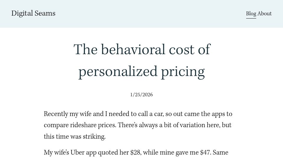 Screenshot of digitalseams.com: The behavioral cost of personalized pricing