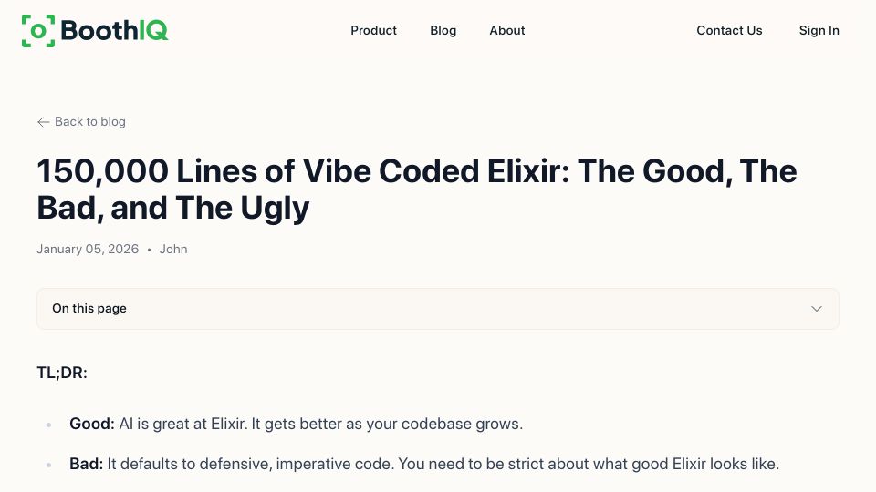 Screenshot of getboothiq.com: 150k lines of vibe coded Elixir: The good, the bad and the ugly