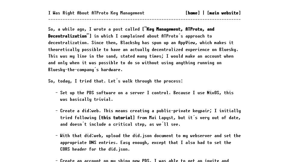 Screenshot of notes.nora.codes: I was right about ATProto key management
