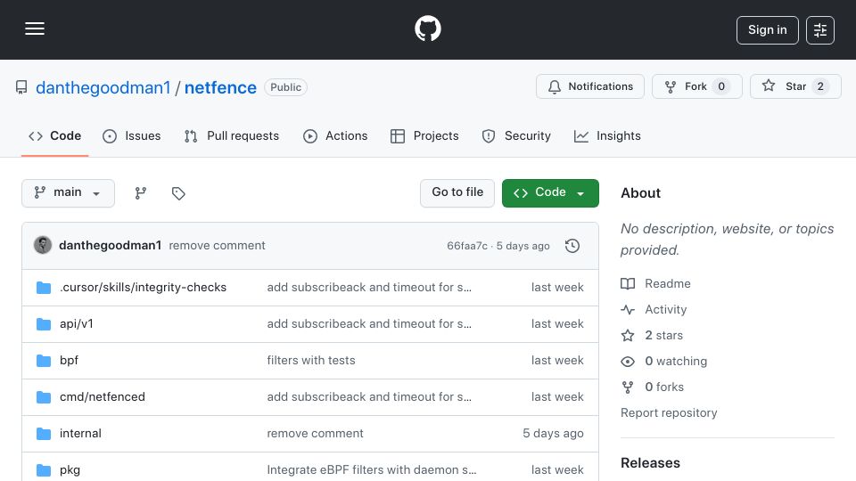 Screenshot of github.com: Show HN: Netfence – Like Envoy for eBPF Filters