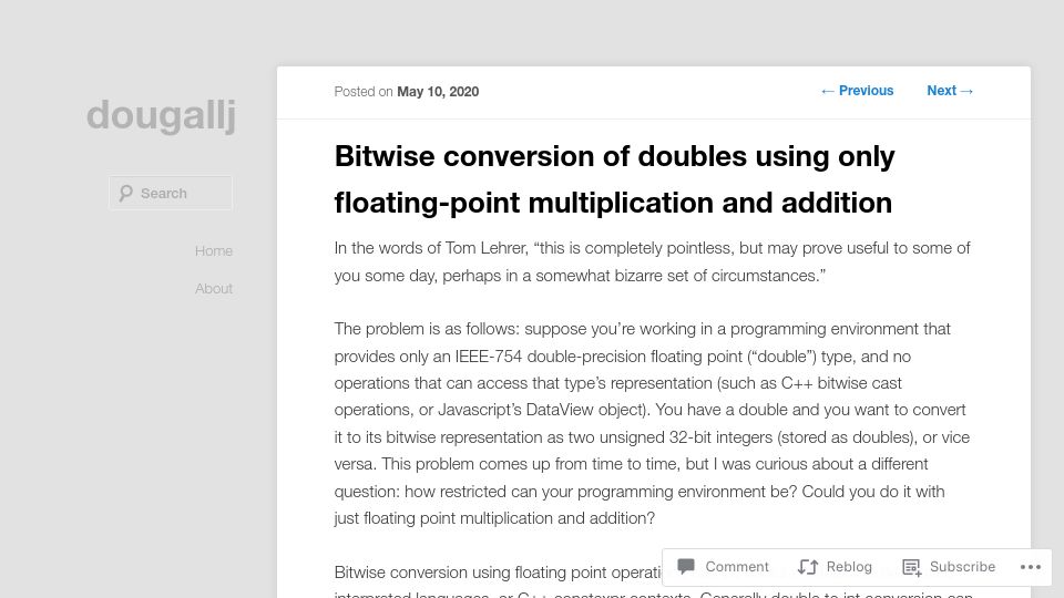 Screenshot of dougallj.wordpress.com: Bitwise conversion of doubles using only FP multiplication and addition (2020)