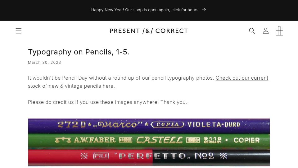 Screenshot of presentandcorrect.com: Typography on Pencils (2023)