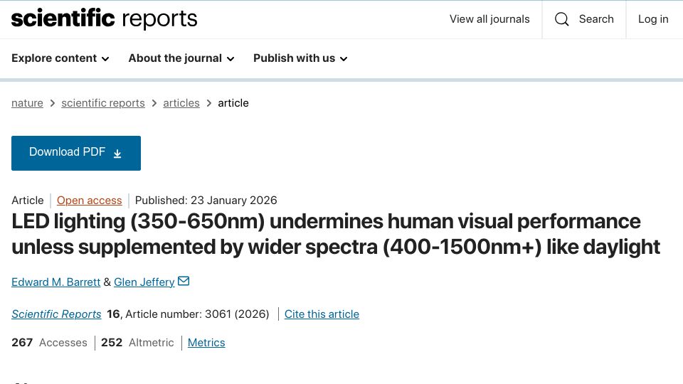 Screenshot of nature.com: LED lighting undermines visual performance unless supplemented by wider spectra