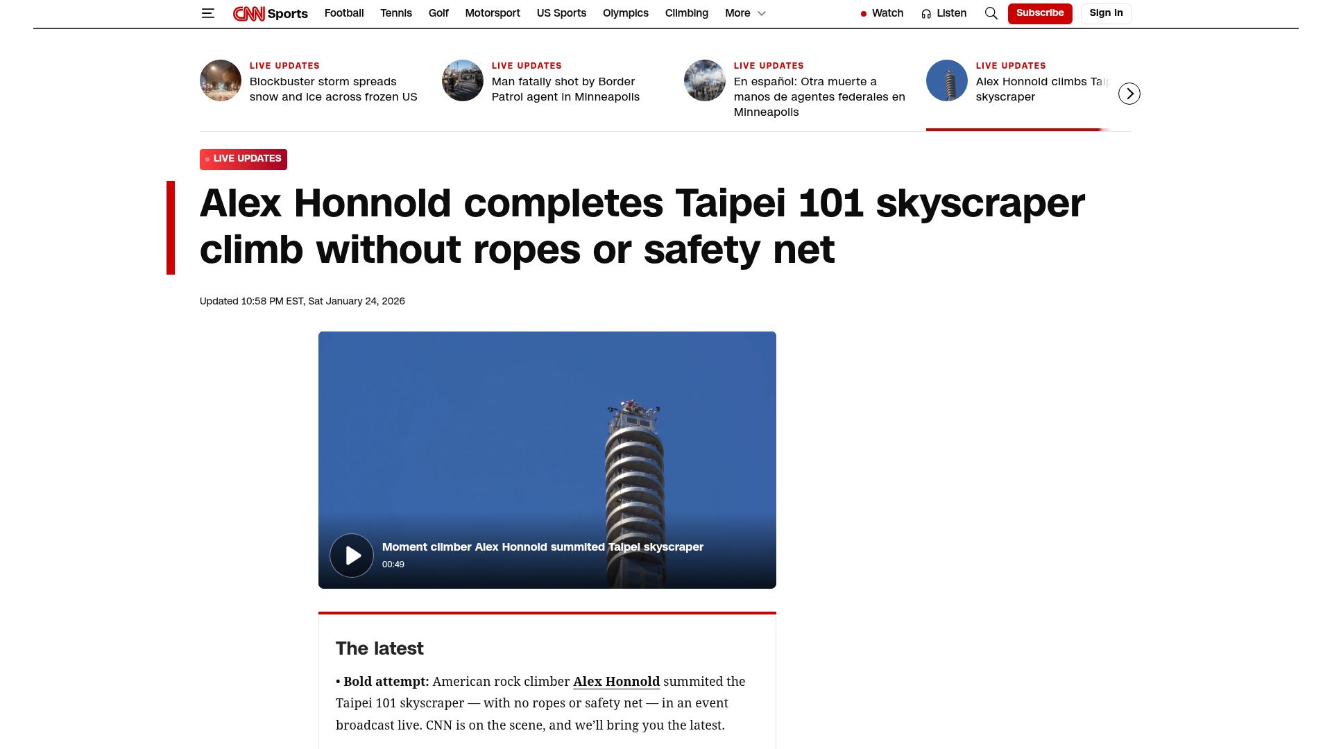 Screenshot of cnn.com: Alex Honnold completes Taipei 101 skyscraper climb without ropes or safety net