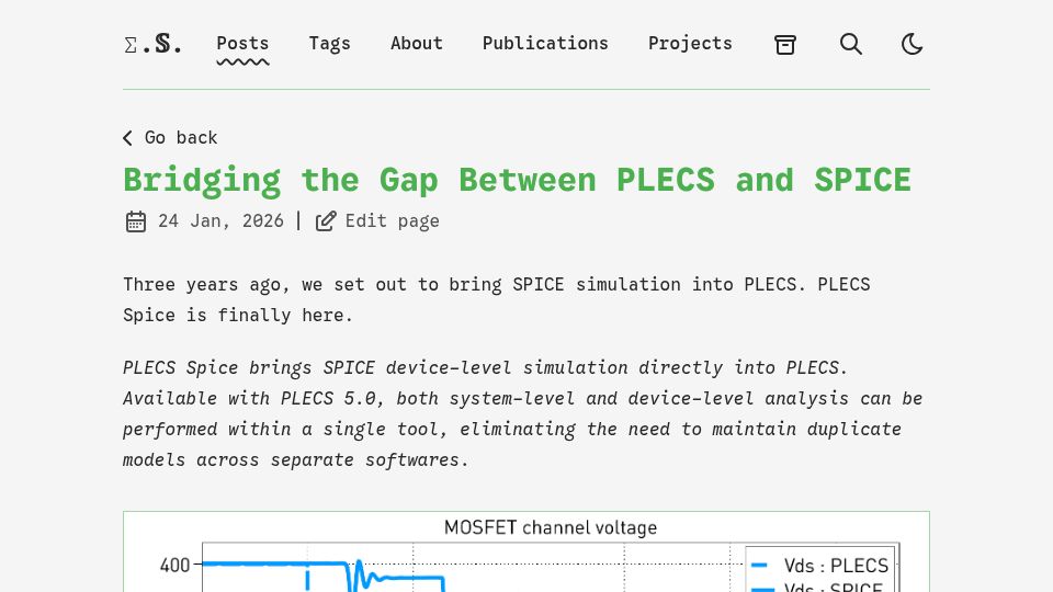 Screenshot of erickschulz.dev: Bridging the Gap Between PLECS and SPICE