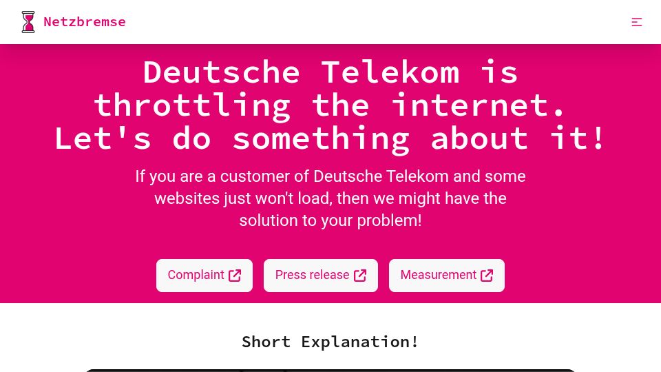 Screenshot of netzbremse.de: Deutsche Telekom is throttling the internet