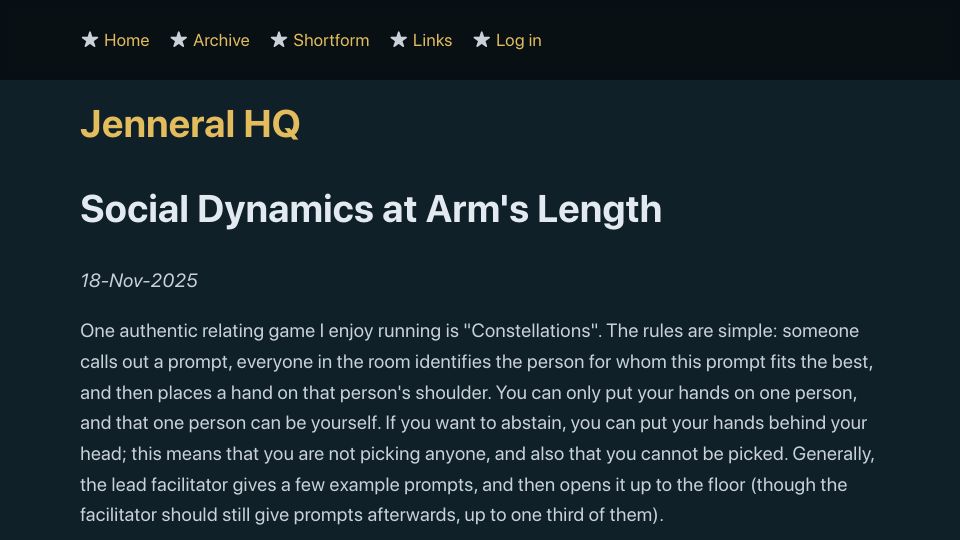 Screenshot of jenn.site: Social Dynamics at Arm's Length