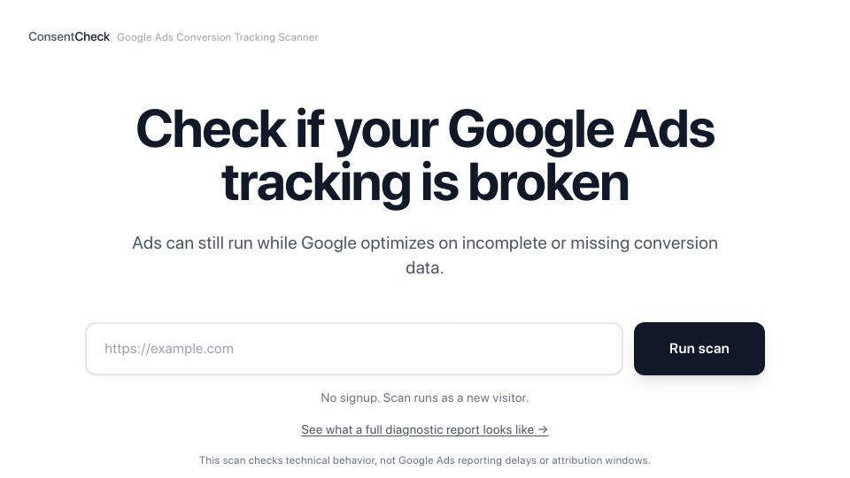 Screenshot of consentcheck.online: Show HN: Debugging consent and conversion tracking with a headless scan