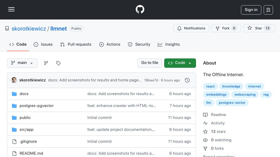 Screenshot of github.com: Show HN: LLMNet – The Offline Internet, Search the web without the web