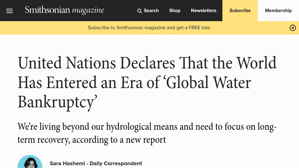 Screenshot of smithsonianmag.com: UN Declares That the World Has Entered an Era of 'Global Water Bankruptcy'