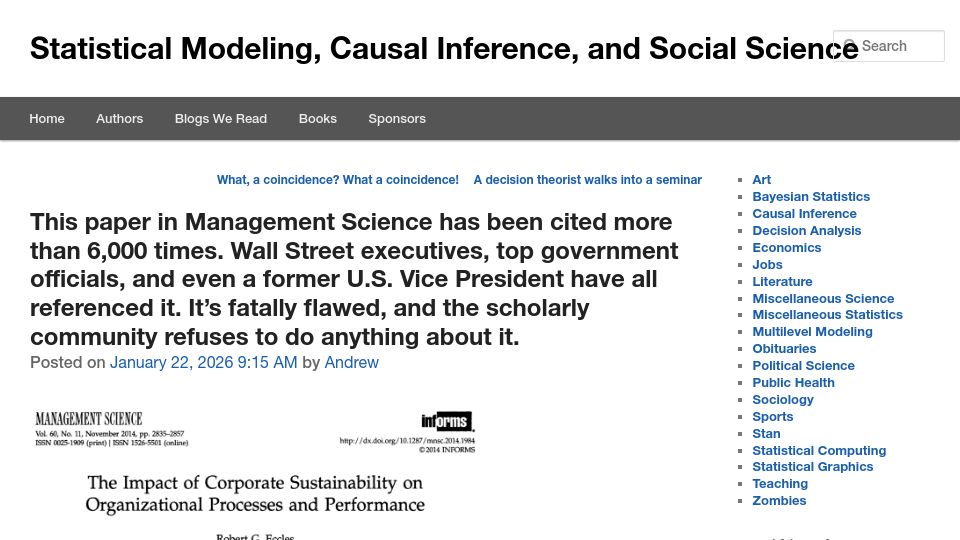 Screenshot of statmodeling.stat.columbia.edu: A flawed paper in management science has been cited more than 6k times