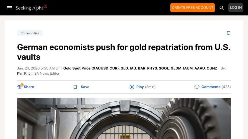 Screenshot of seekingalpha.com: German economists push for gold repatriation from U.S. vaults
