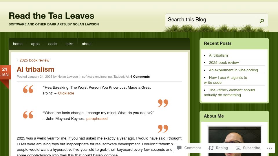 Screenshot of nolanlawson.com: AI Tribalism