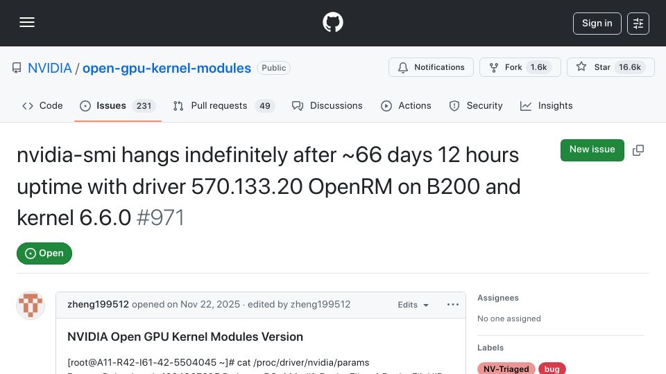 Screenshot of github.com: Nvidia-smi hangs indefinitely after ~66 days