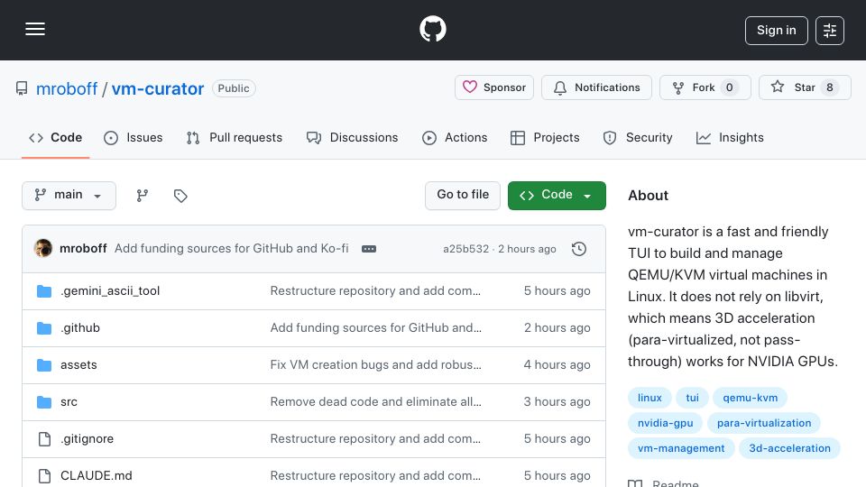 Screenshot of github.com: Show HN: VM-curator – a TUI alternative to libvirt and virt-manager