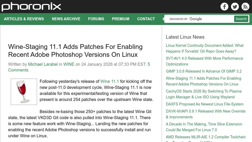 Screenshot of phoronix.com: Wine-Staging 11.1 Adds Patches for Enabling Recent Photoshop Versions on Linux
