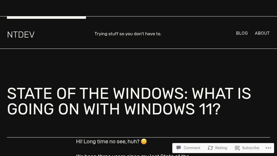 Screenshot of ntdotdev.wordpress.com: State of the Windows: What is going on with Windows 11?
