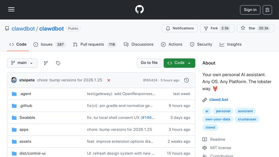 Screenshot of github.com: Clawdbot - open source personal AI assistant