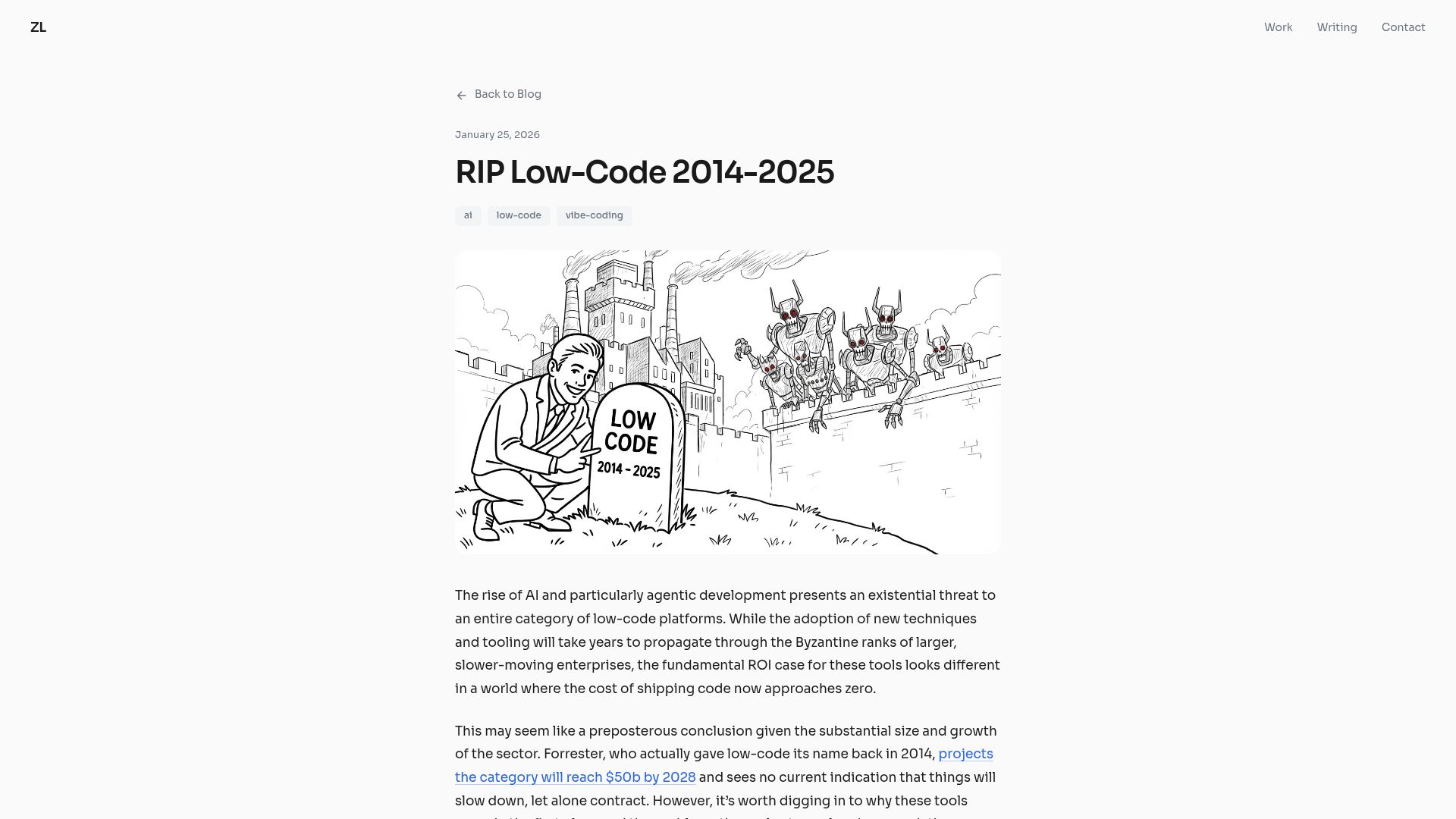 Screenshot of zackliscio.com: RIP Low-Code 2014-2025