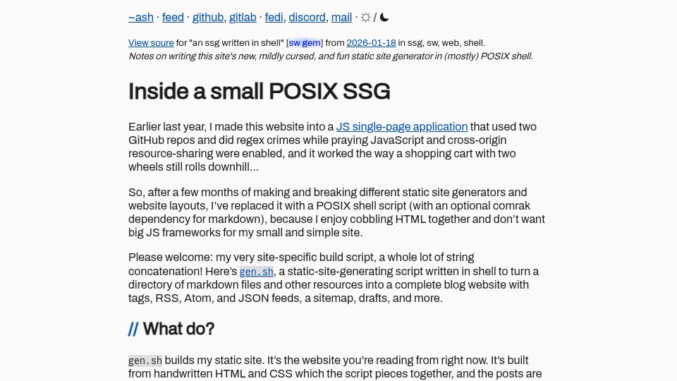 Screenshot of aashvik.com: A static site generator written in POSIX shell