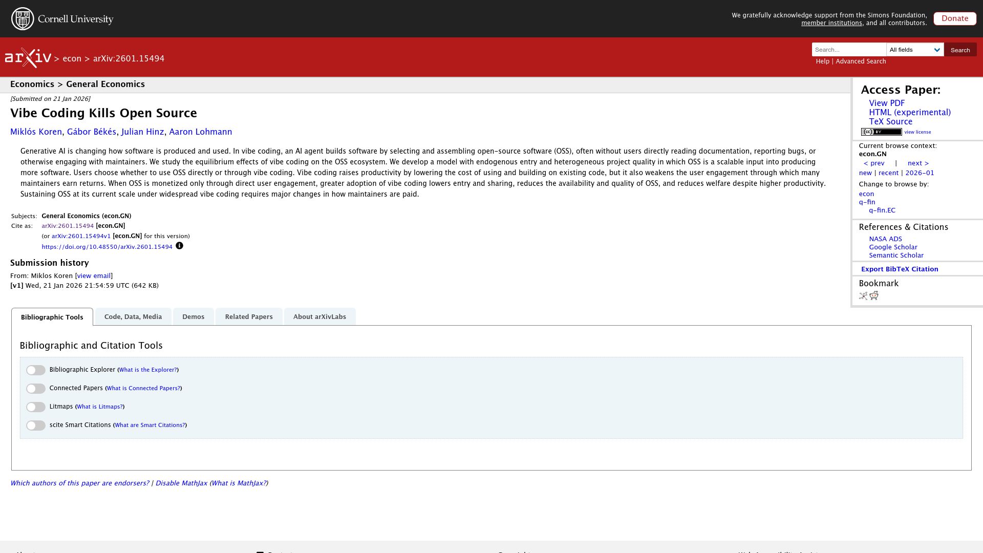 Screenshot of arxiv.org: Vibe coding kills open source