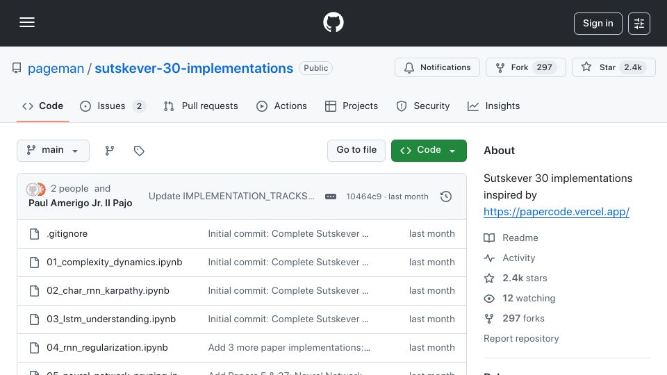 Screenshot of github.com: Toy implementations of the 30 foundational papers recommended by Ilya Sutskever