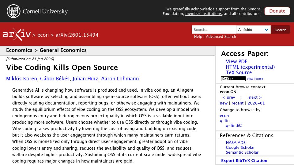 Screenshot of arxiv.org: Vibe coding kills open source