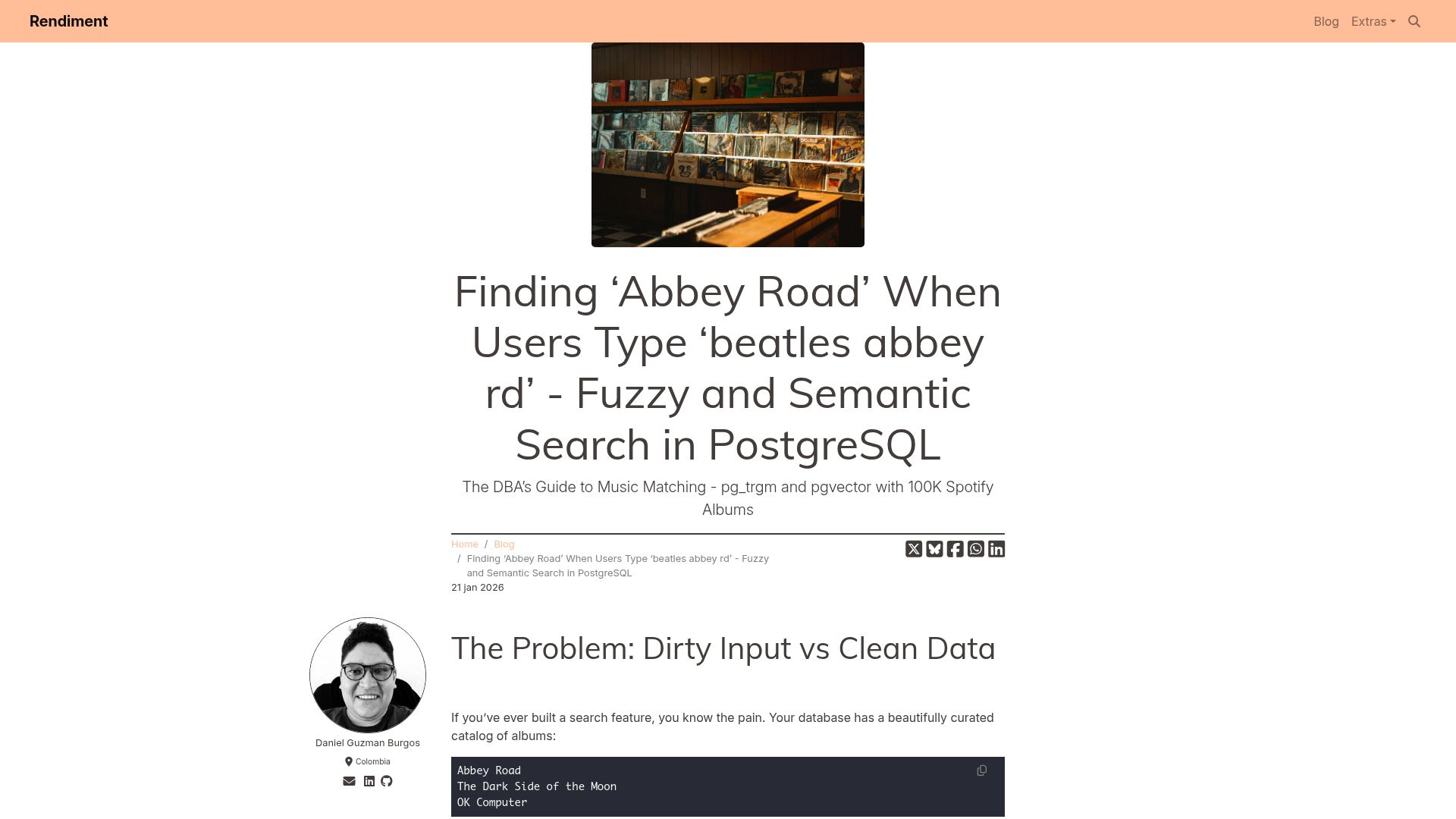 Screenshot of rendiment.io: Find 'Abbey Road when type 'Beatles abbey rd': Fuzzy/Semantic search in Postgres