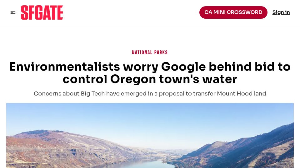 Screenshot of sfgate.com: Environmentalists worry Google behind bid to control Oregon town's water