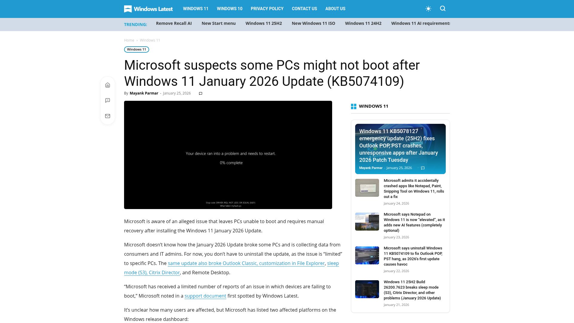 Screenshot of windowslatest.com: Microsoft suspects some PCs might not boot after Windows 11 January 2026 Update