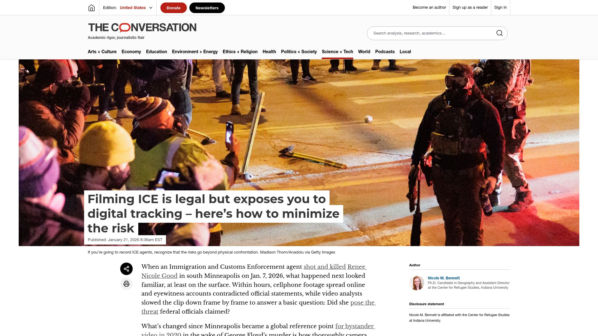 Screenshot of theconversation.com: Filming ICE is legal but exposes you to digital tracking