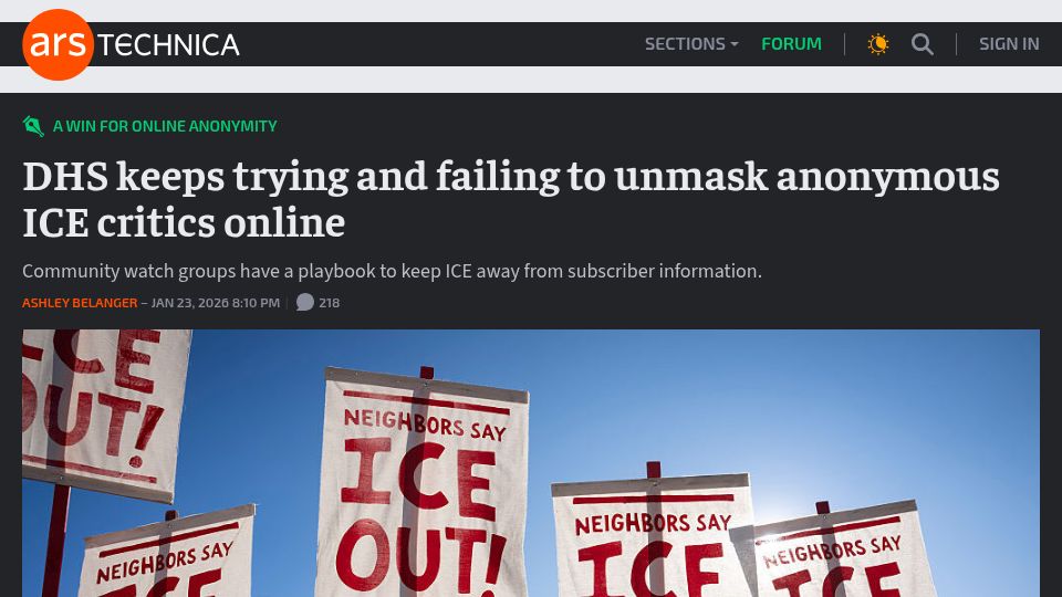 Screenshot of arstechnica.com: DHS keeps trying and failing to unmask anonymous ICE critics online