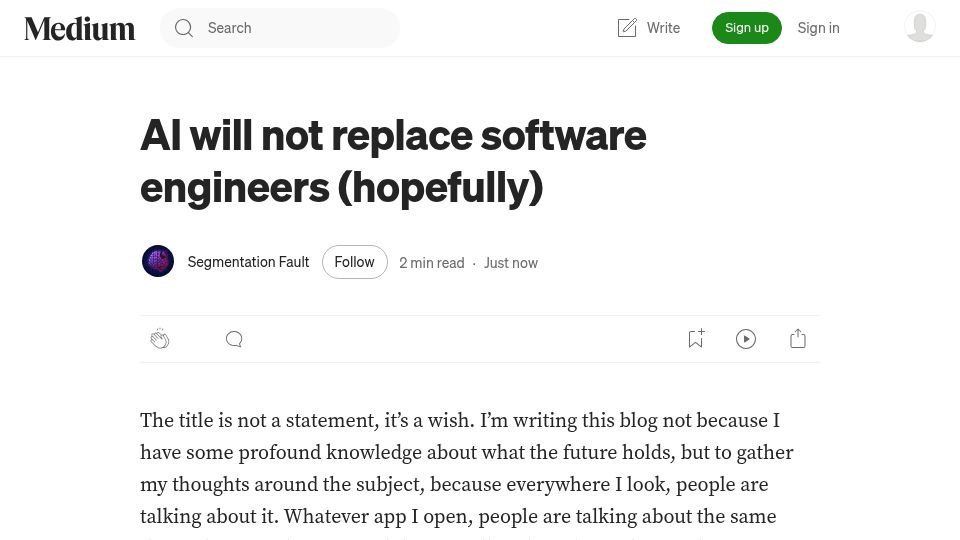 Screenshot of medium.com: AI will not replace software engineers (hopefully)