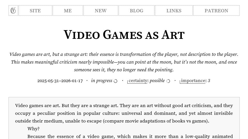Screenshot of gwern.net: Video Games as Art