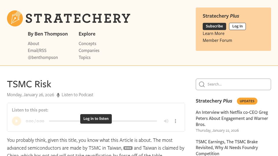 Screenshot of stratechery.com: TSMC Risk