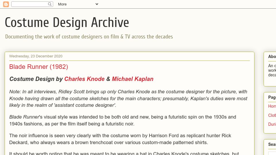 Screenshot of costumedesignarchive.blogspot.com: Blade Runner Costume Design (2020)