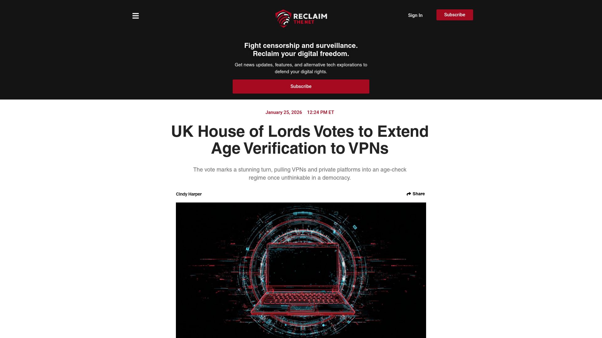 Screenshot of reclaimthenet.org: UK House of Lords Votes to Extend Age Verification to VPNs